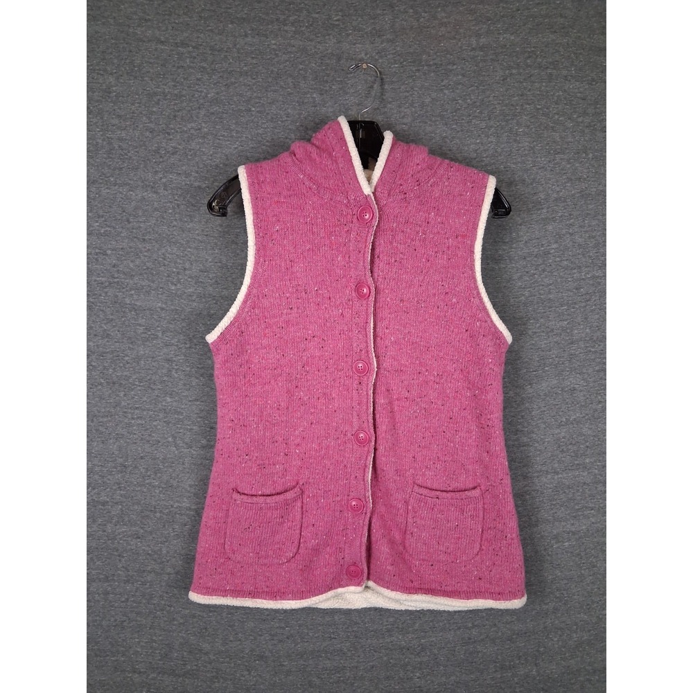 LL Bean Womens Jacket M Pink Knit Fleece Lined Lambswool Hooded Vest 271805